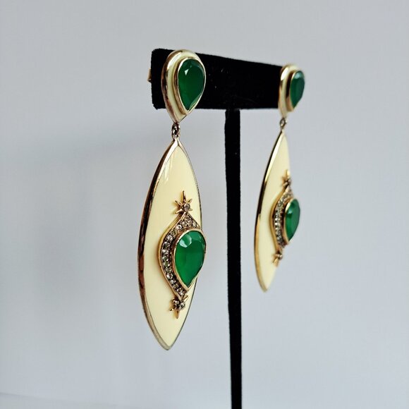 New Angelique de Paris Long White Green Natural Stone Gold Plated Earrings - Picture 4 of 15